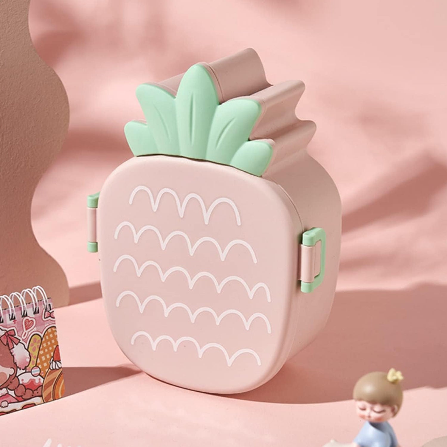5729 Kids Lunch Box Cute Pineapple Shaped Bento Box With Fork Spoon Snack Candy Container Microwave Portable Office Lunch Box (1 Pc With Spoon Fork Color Box)
