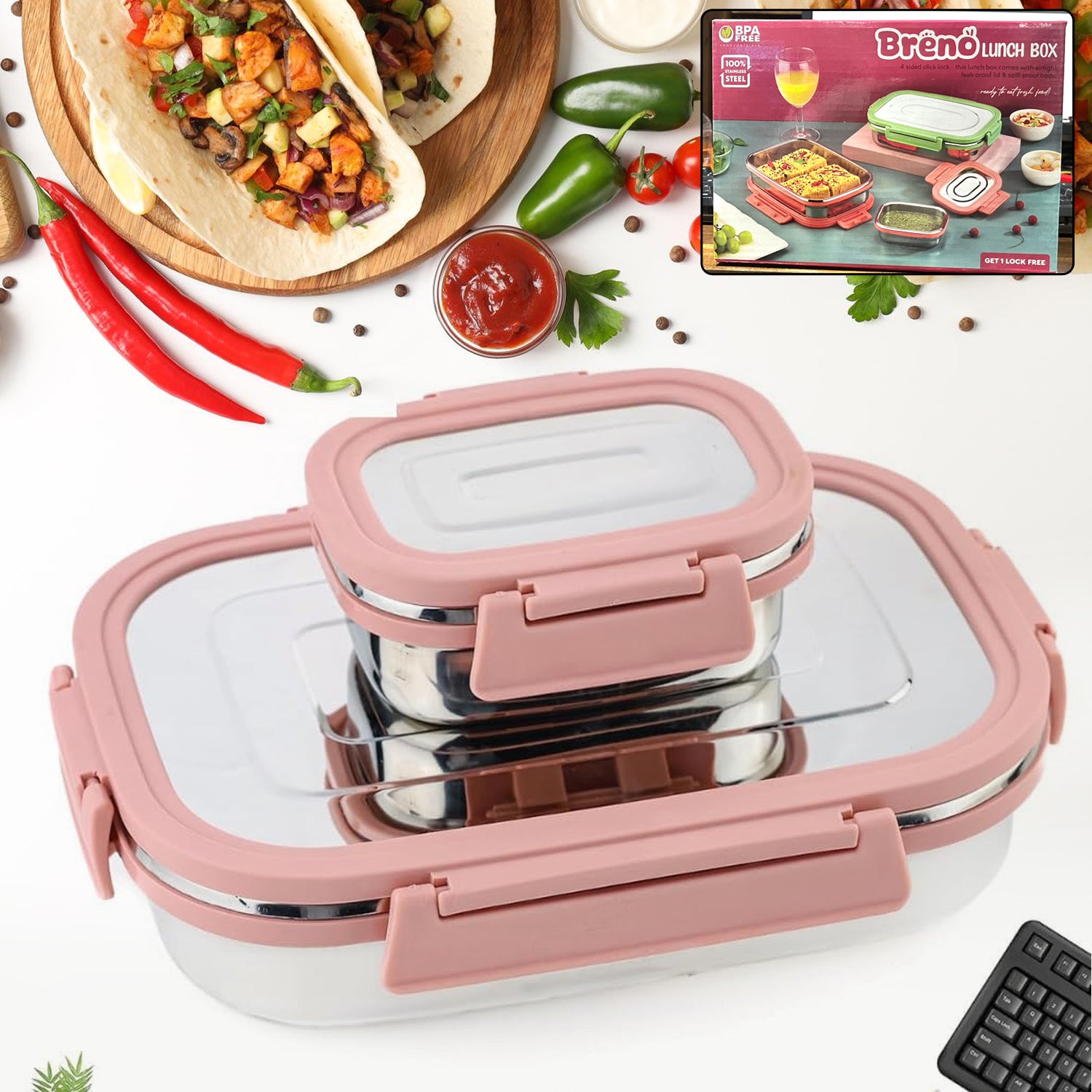 Premium Stainless Steel Leak Proof Air Tight Lunch Boxes (900ml+200ml Approx 2 Pc Set)