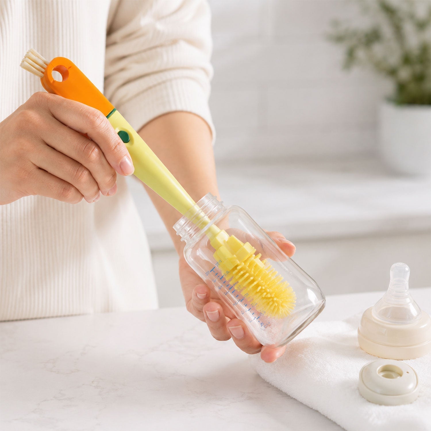 4 In 1 Silicone Bottle Cleaning Brush With Nipple Brush Long Handle (1 Pc)
