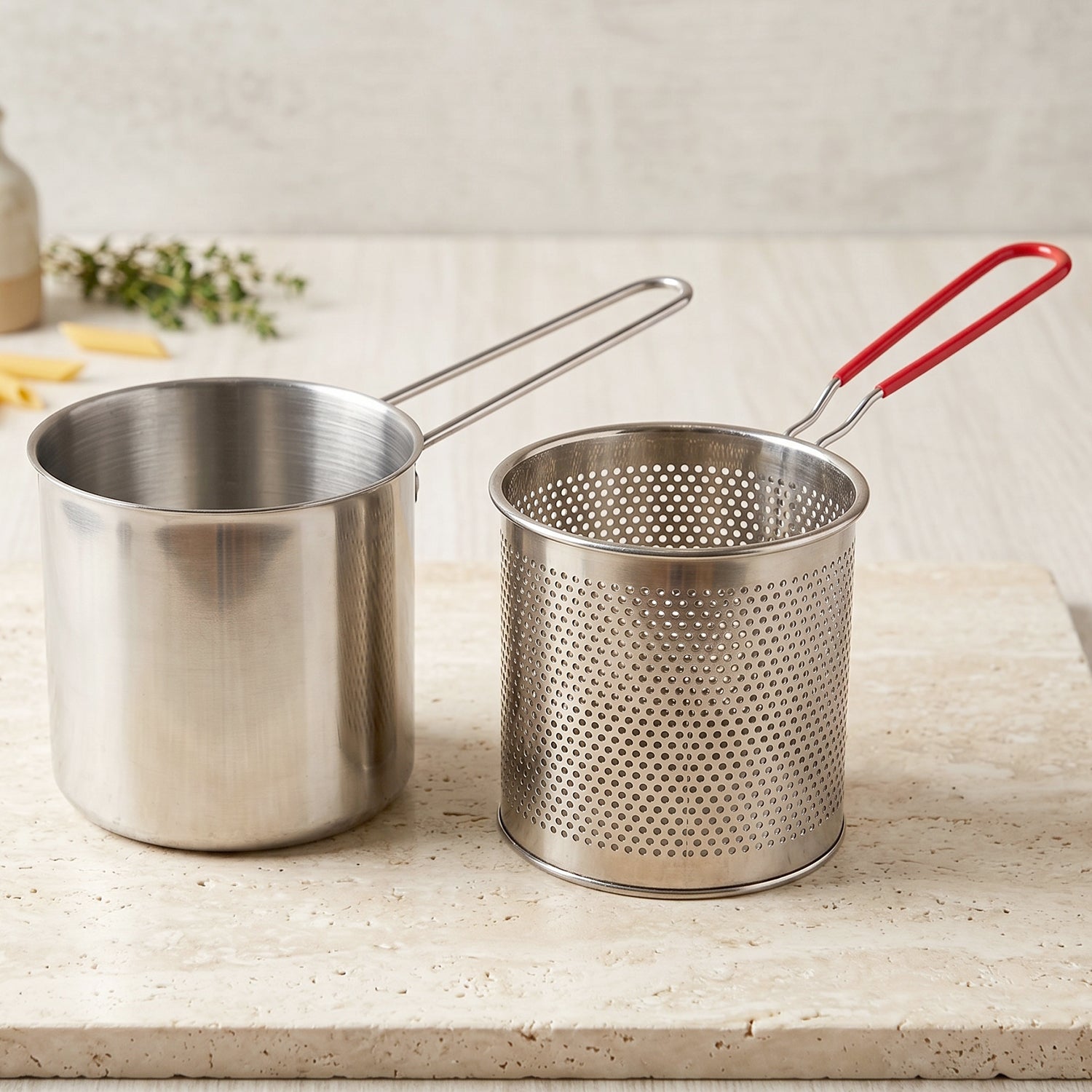 Stainless Steel Deep Frying Pot With Strainer Basket Set For Kitchen (1 Set)