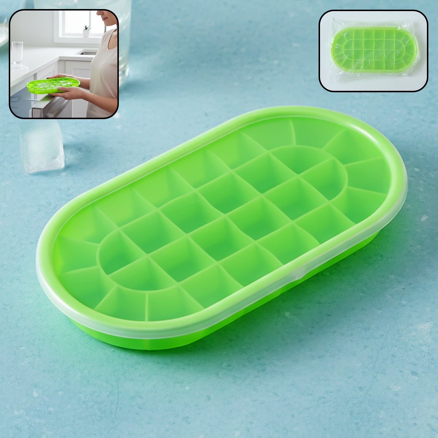 Premium Oval Silicone Ice Cube Tray With Lid (1 Pc)