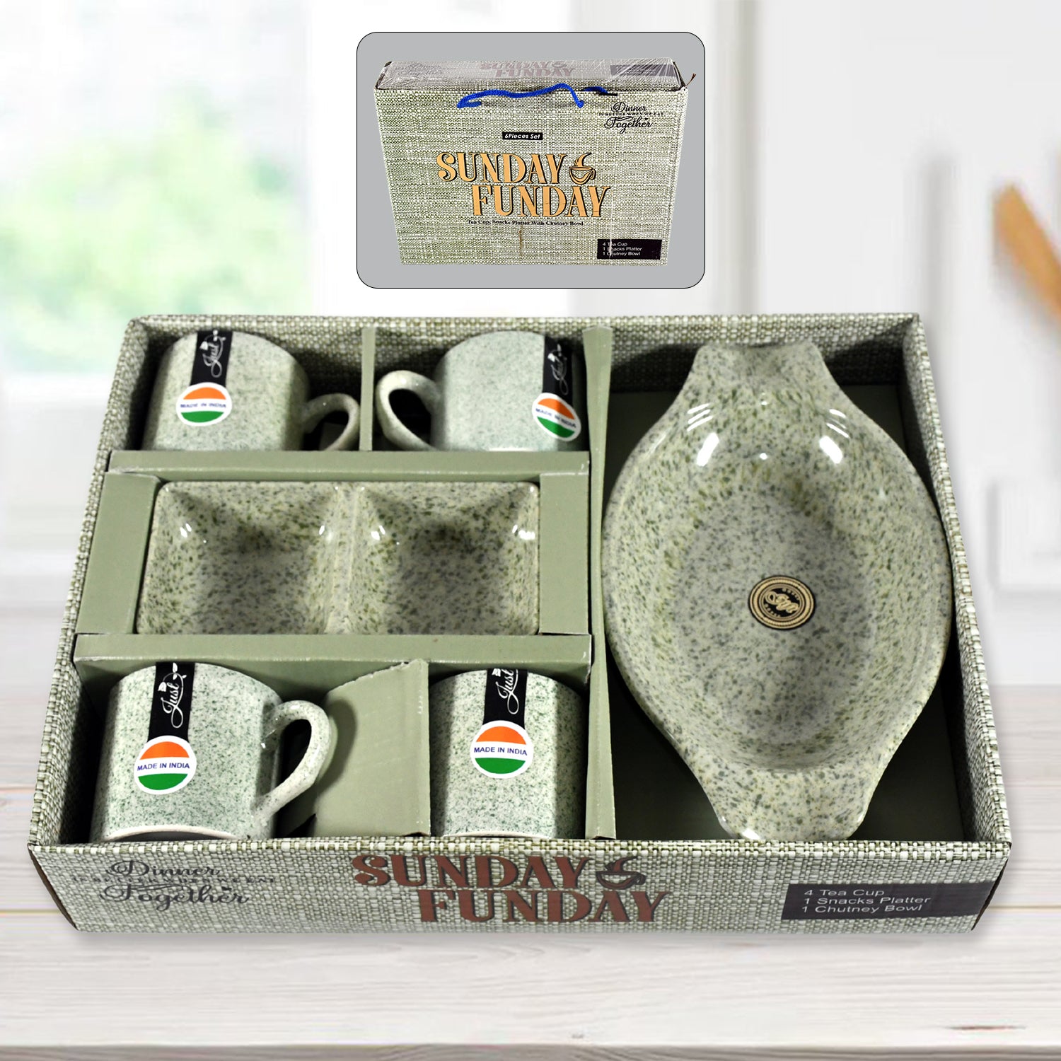 8240 Sunday Funday Ceramic Tea Cups Mug With Plastic Snacks Platter And 2 Compartment Chutney Bowl Milk Cup Coffee Cup Breakfast Cup Drinking Mug Or Outdoor For Household Gift For Birthday Wedding Party (6 Pcs Set)