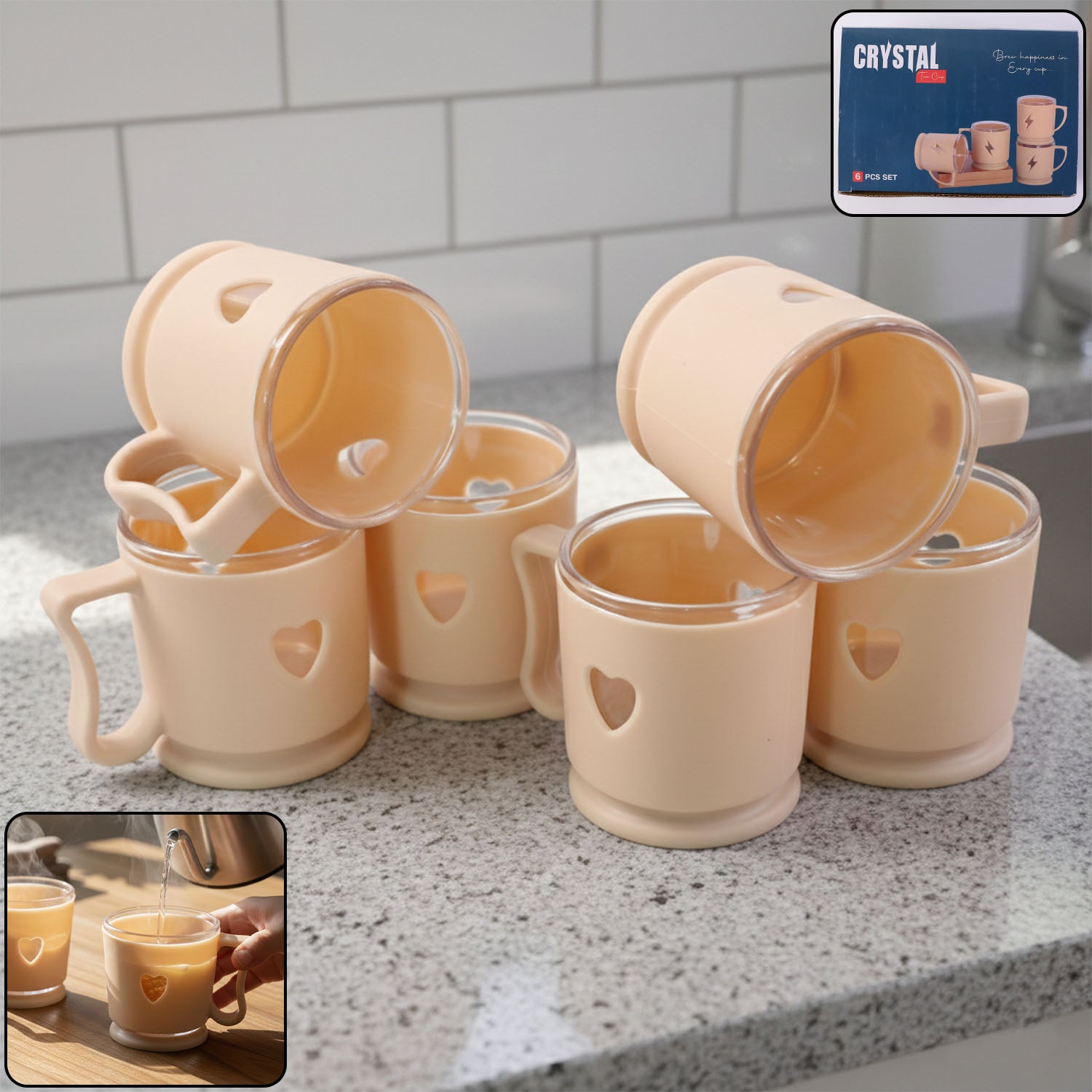 Elegant Heart Design Mini Tea Coffee Mug Set (100ml 6 Pc)