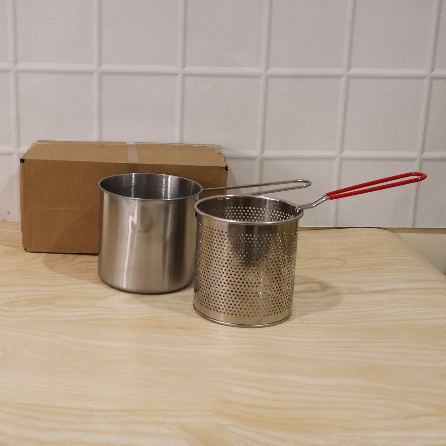 Stainless Steel Deep Frying Pot With Strainer Basket Set For Kitchen (1 Set)