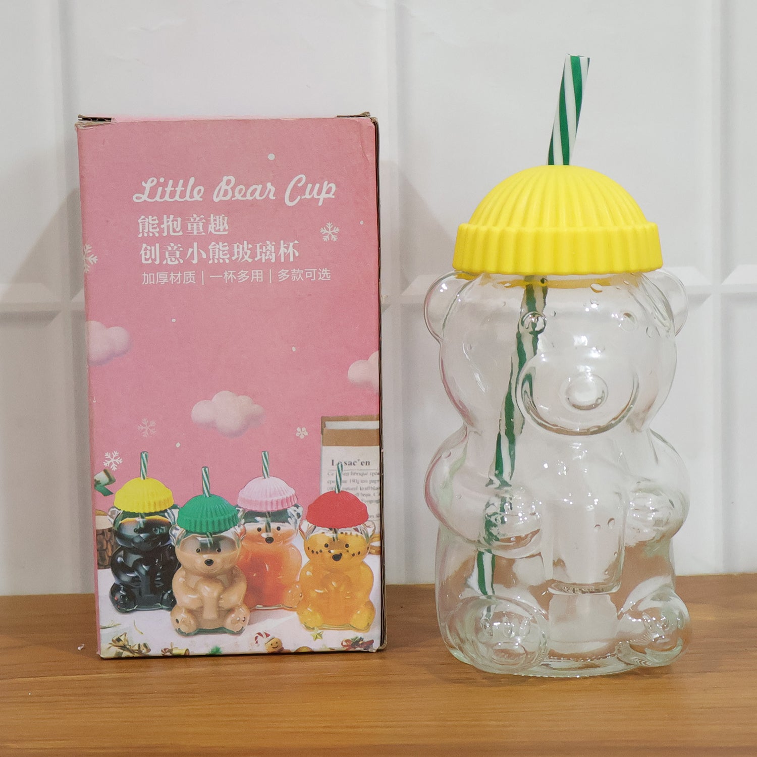 Cute Glass Bear Shape Kids Drinking Cup Bottle With Straw (1 Pc 350 Ml)