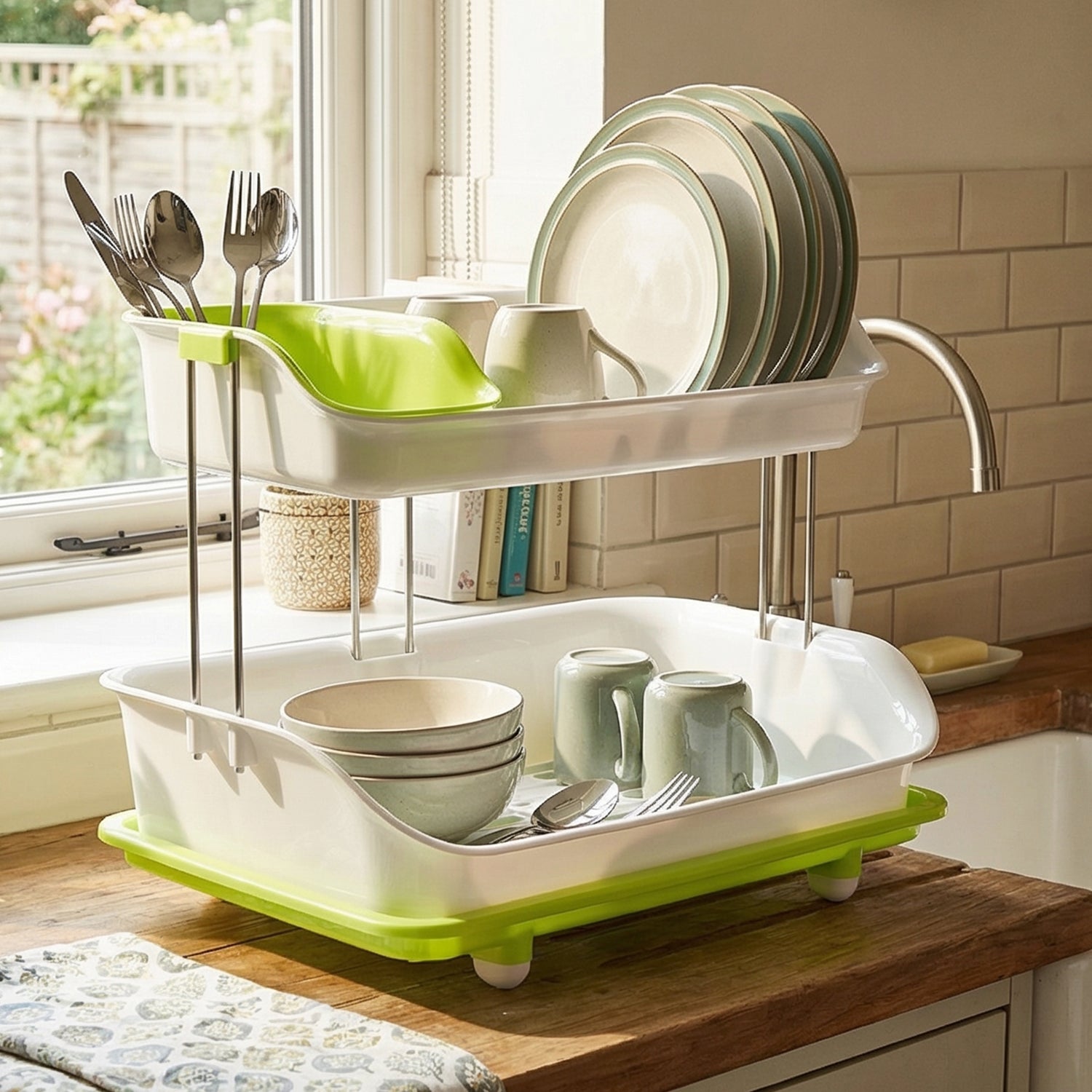 Prexo 2 Layer Kitchen Dish Drying Rack With Drain Tray (1 Set)