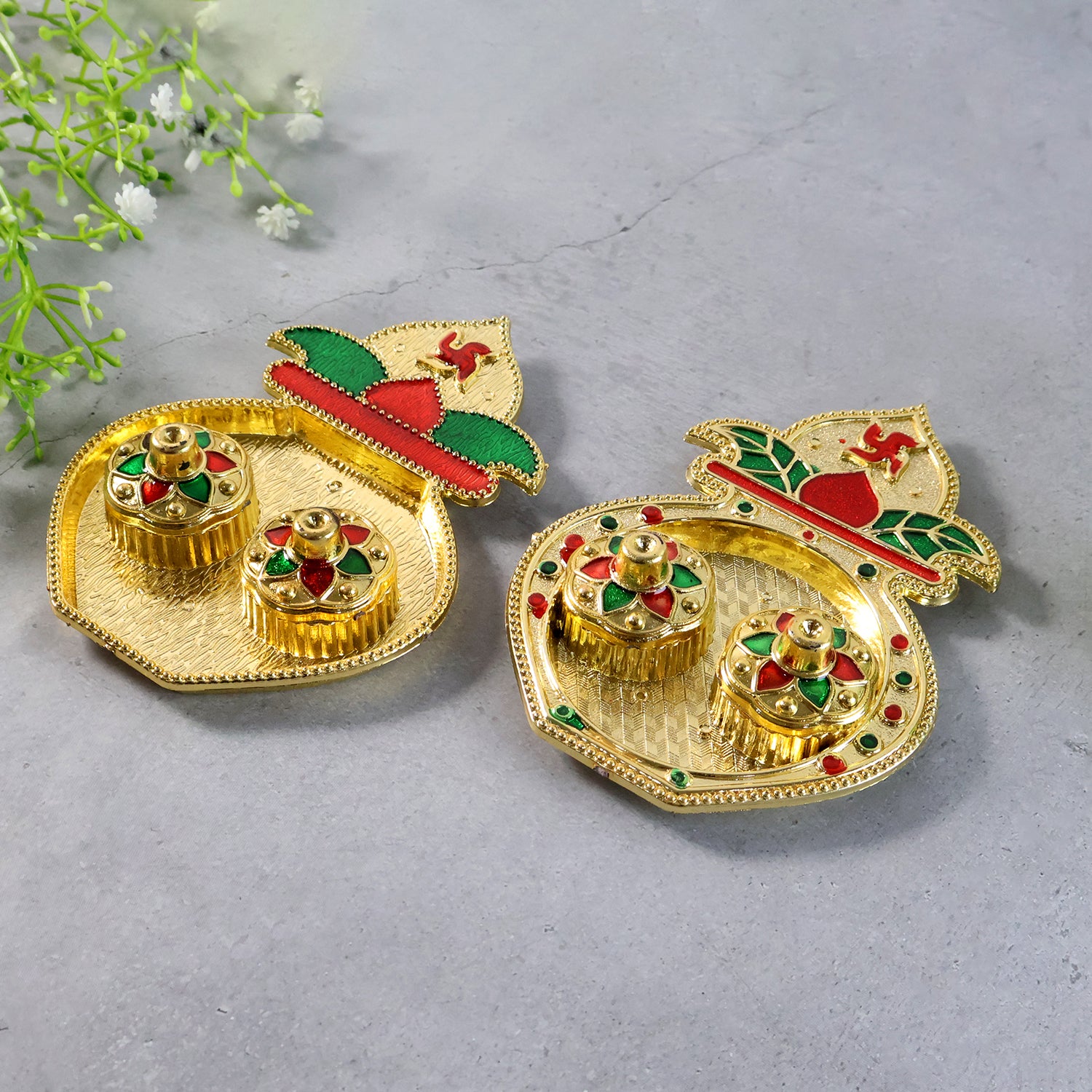 Decorative Plastic Kalash-shape Double Kumkum Box (Mix Design 1 Pc)