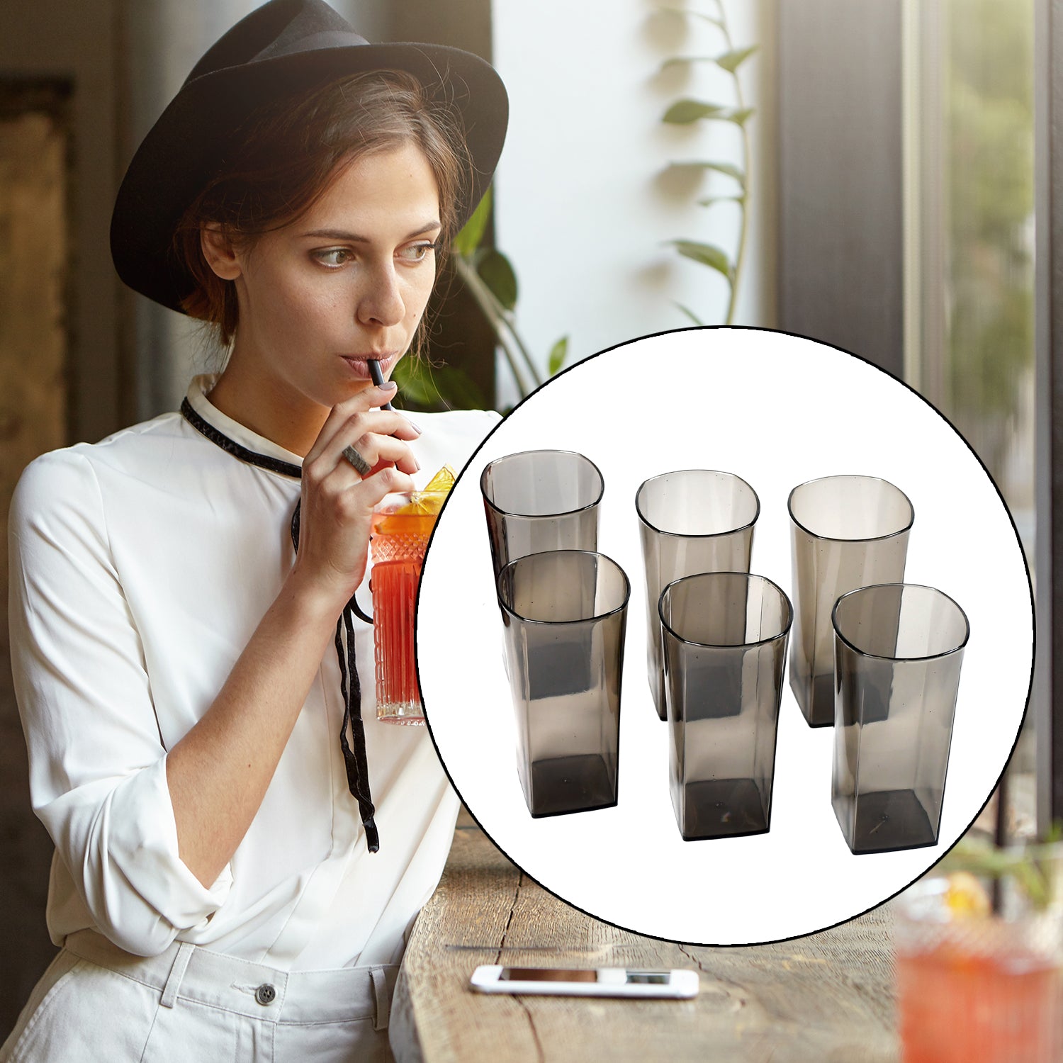 4974 Unbreakable Stylish Transparent Square Design Waterjuicebeerwine Tumbler Plastic Glass Set ( 300 Ml Pack Of 6) ( Black )