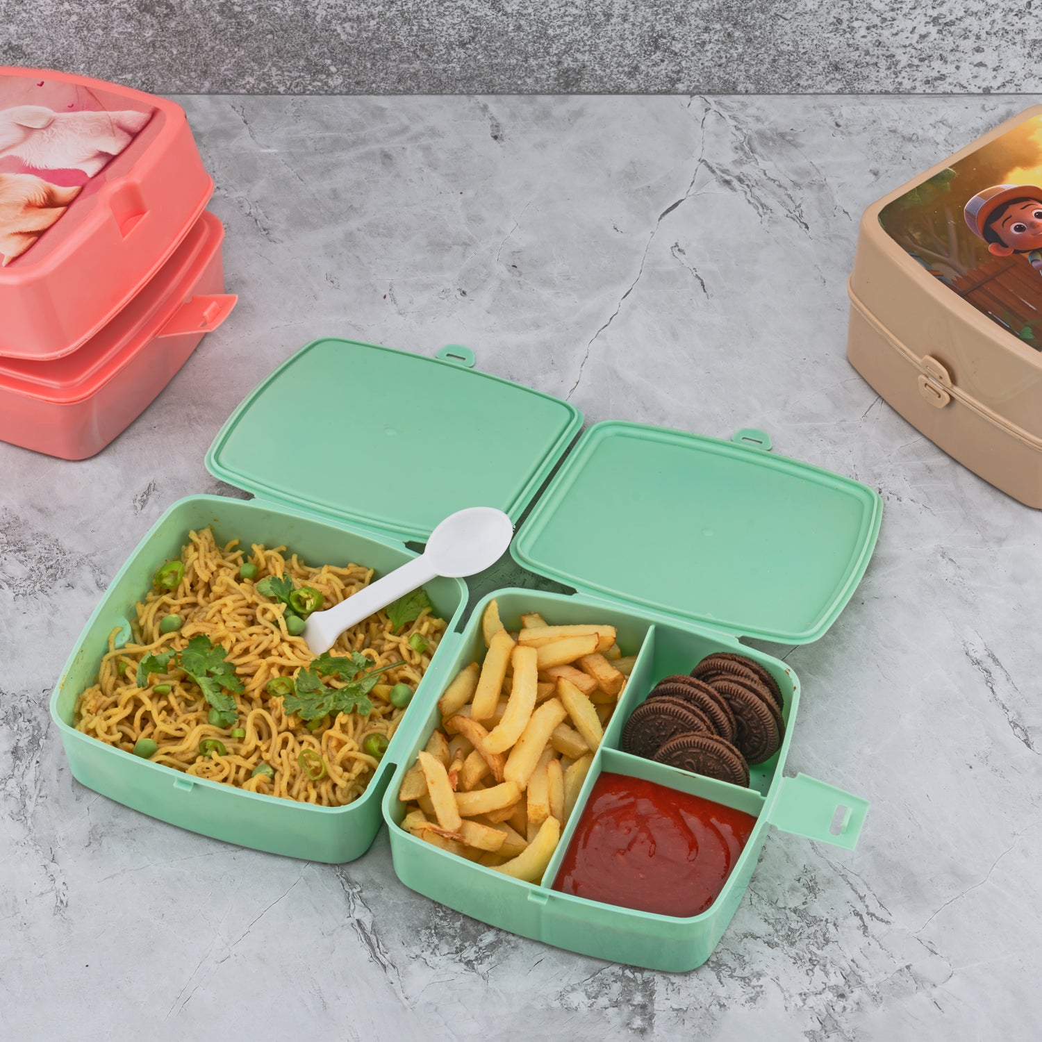 5787 Double-layer Square Lunch Box With Spoon 4 Compartment Tiffin Push Lock Plastic Tiffin Box For Travelling School Kids Office Exclusive Home