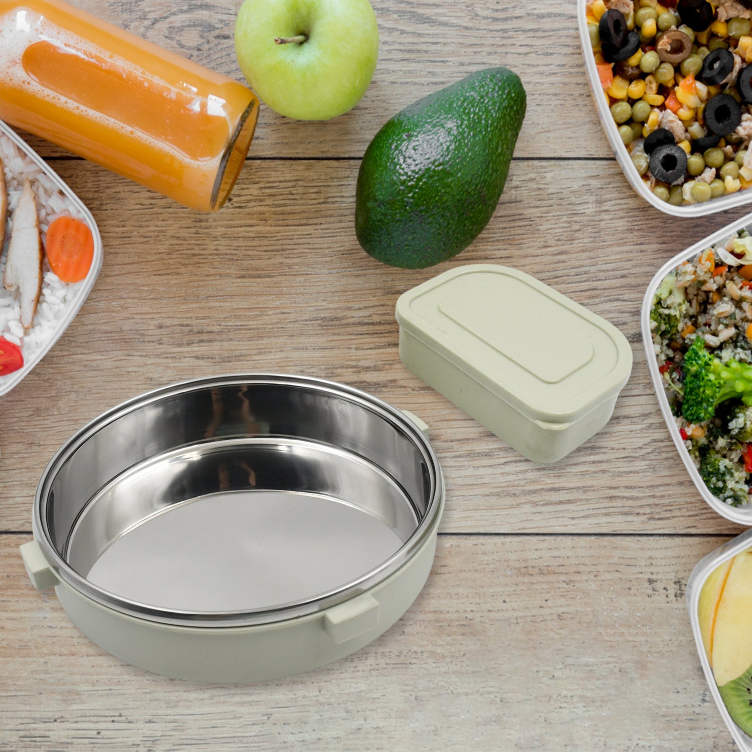 5584 Miracle Stainless Steel Round Lunch Box With Small Plastic Box Insert Leak Proof Lunch Box With Transparent Lid Lunch Box For Kids Adults For School Office (450 Ml + 250 Ml Approx)