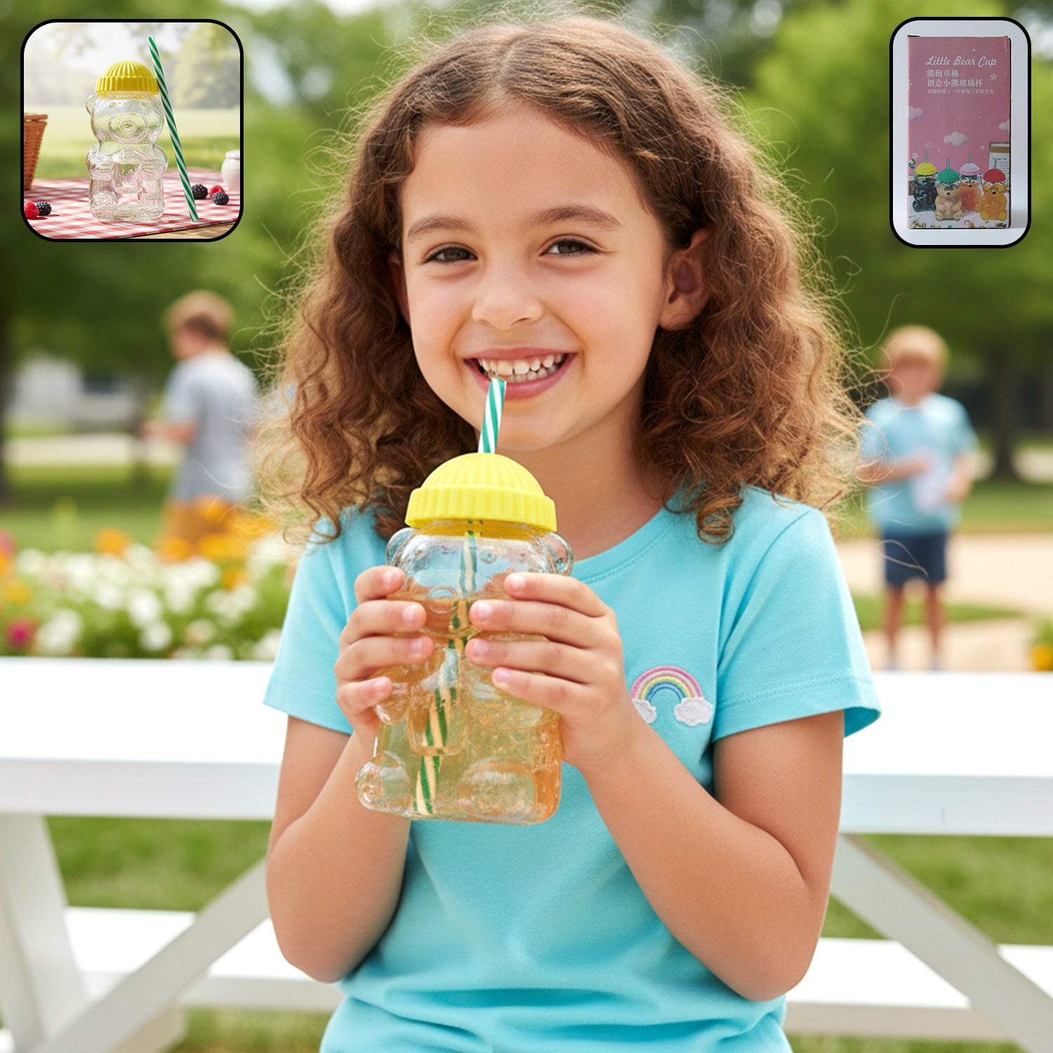 Cute Glass Bear Shape Kids Drinking Cup Bottle With Straw (1 Pc 350 Ml)