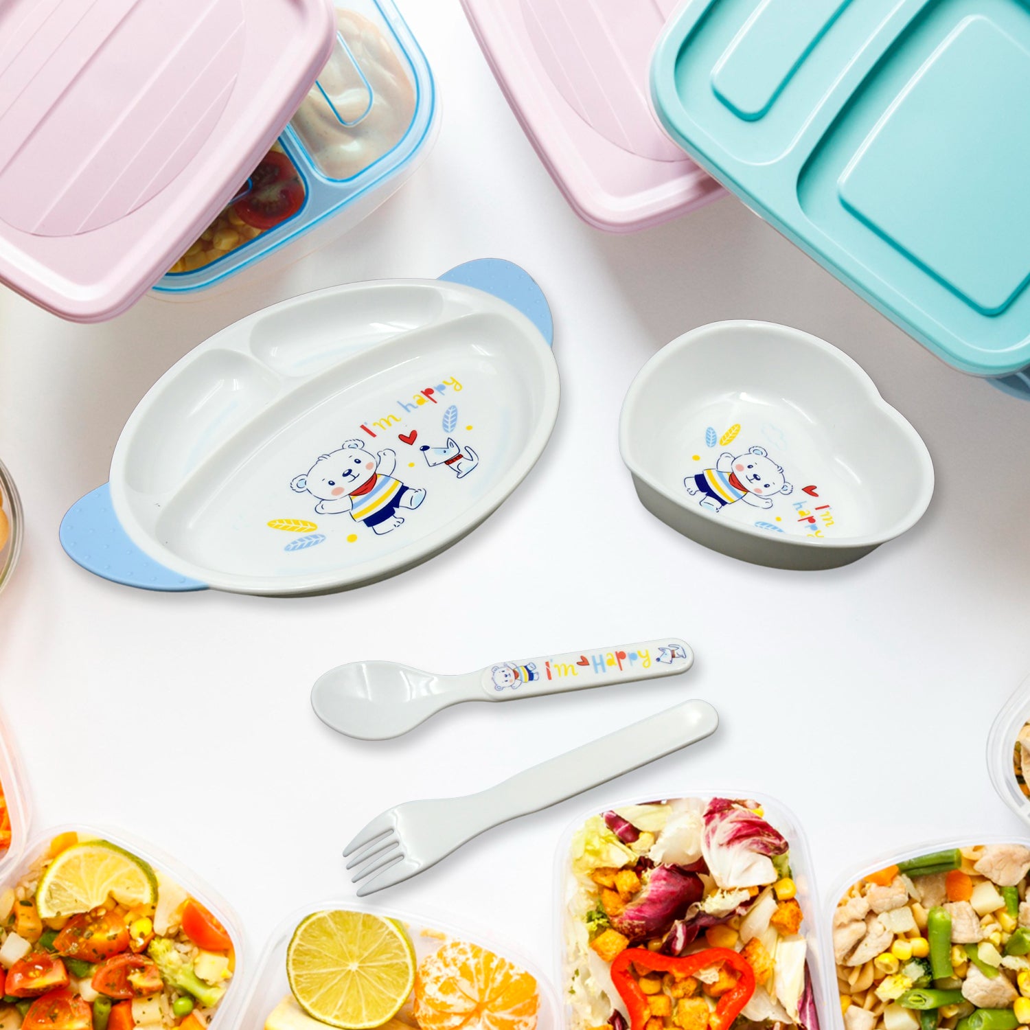 8176 5in1 Baby Feeding Set For Kids And Toddlerschildren Children Dinnerware Set - Feeding Set For Kids Cartoon Design Plate Cup Spoon Fork Tableware Cutlery For Kids Microwave Dishwasher Safe (5 Pcs Set)