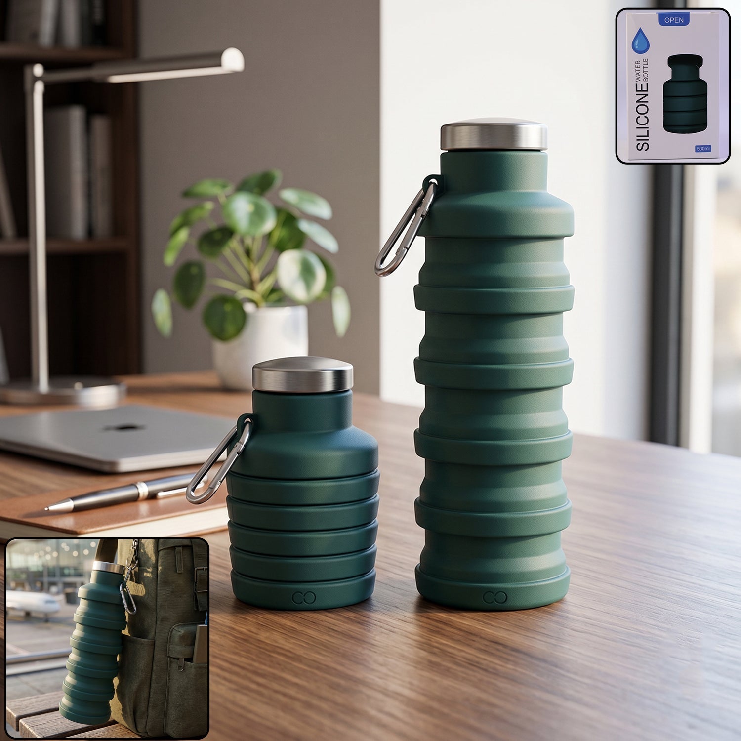 Silicone Foldable Collapsible Leak Proof Travel Sports Water Bottle 500ml (1 Pc)