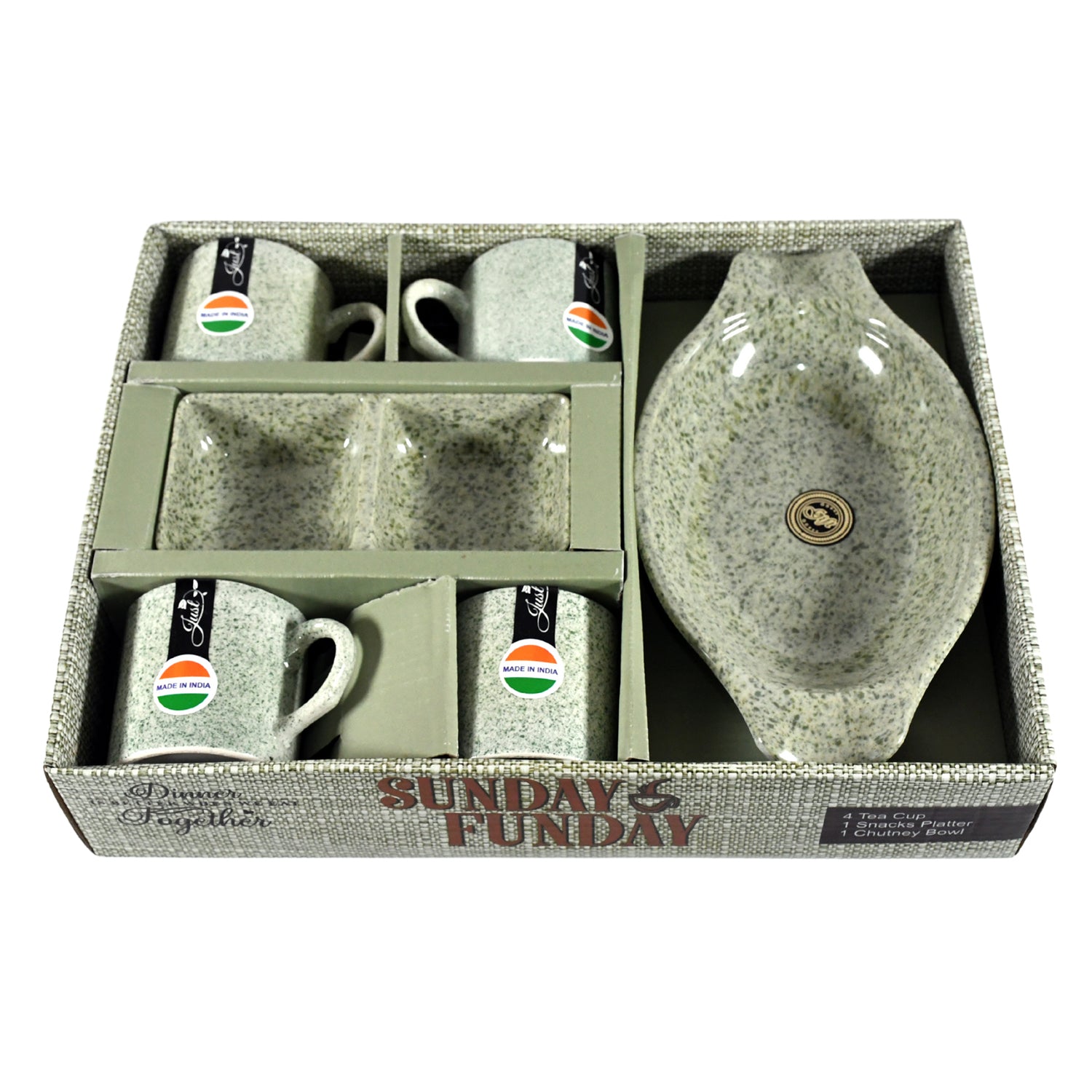 8240 Sunday Funday Ceramic Tea Cups Mug With Plastic Snacks Platter And 2 Compartment Chutney Bowl Milk Cup Coffee Cup Breakfast Cup Drinking Mug Or Outdoor For Household Gift For Birthday Wedding Party (6 Pcs Set)