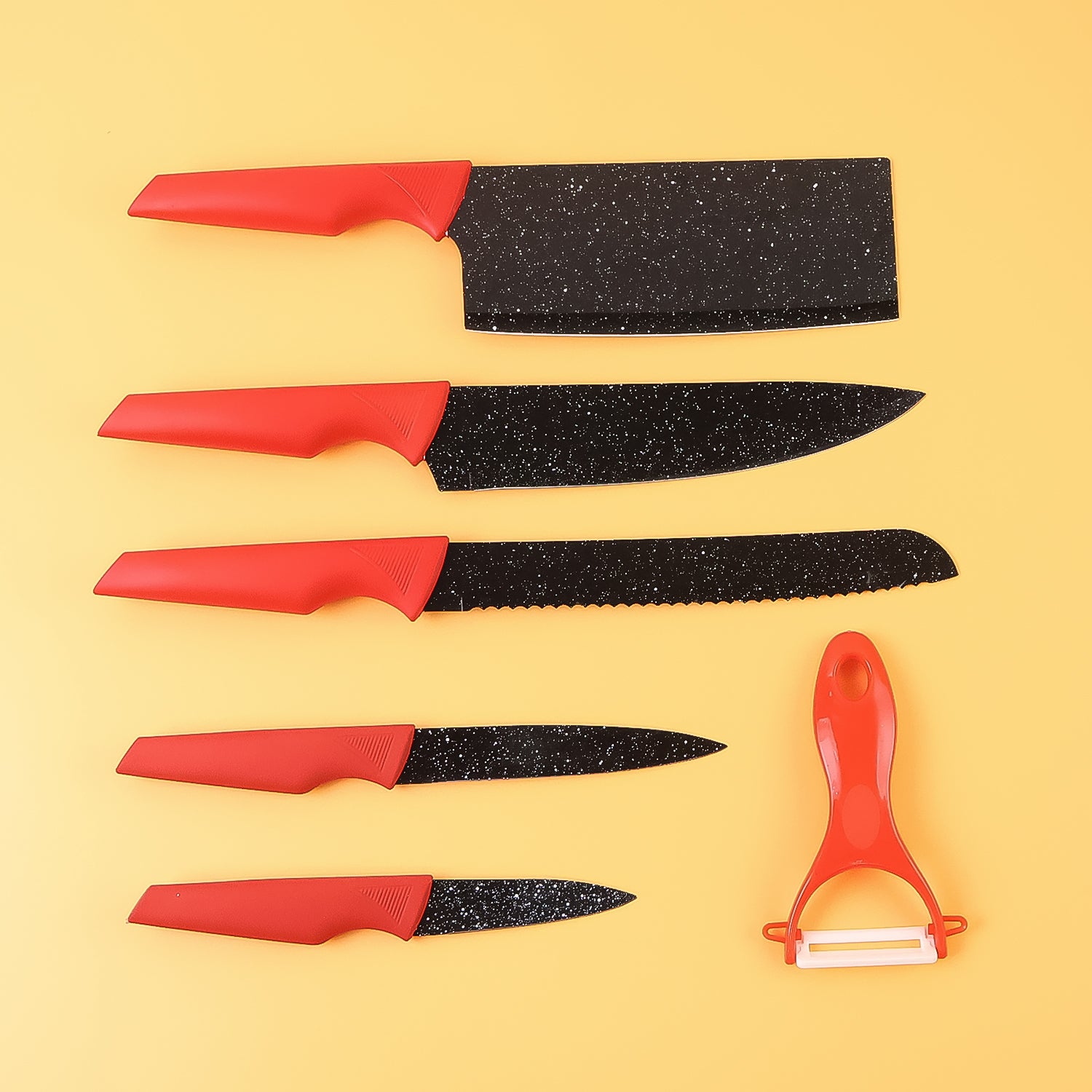 Kitchen Knife Set With Marble-coated Blades Red Handles (6 Pc)