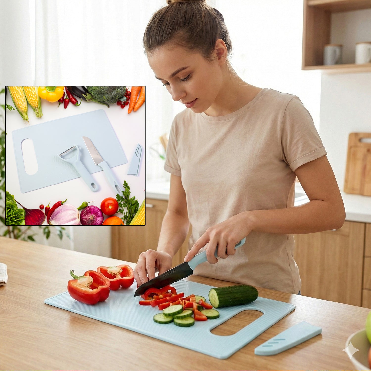 3 In 1 Kitchen Knife Chopping Board Set (1 Set)