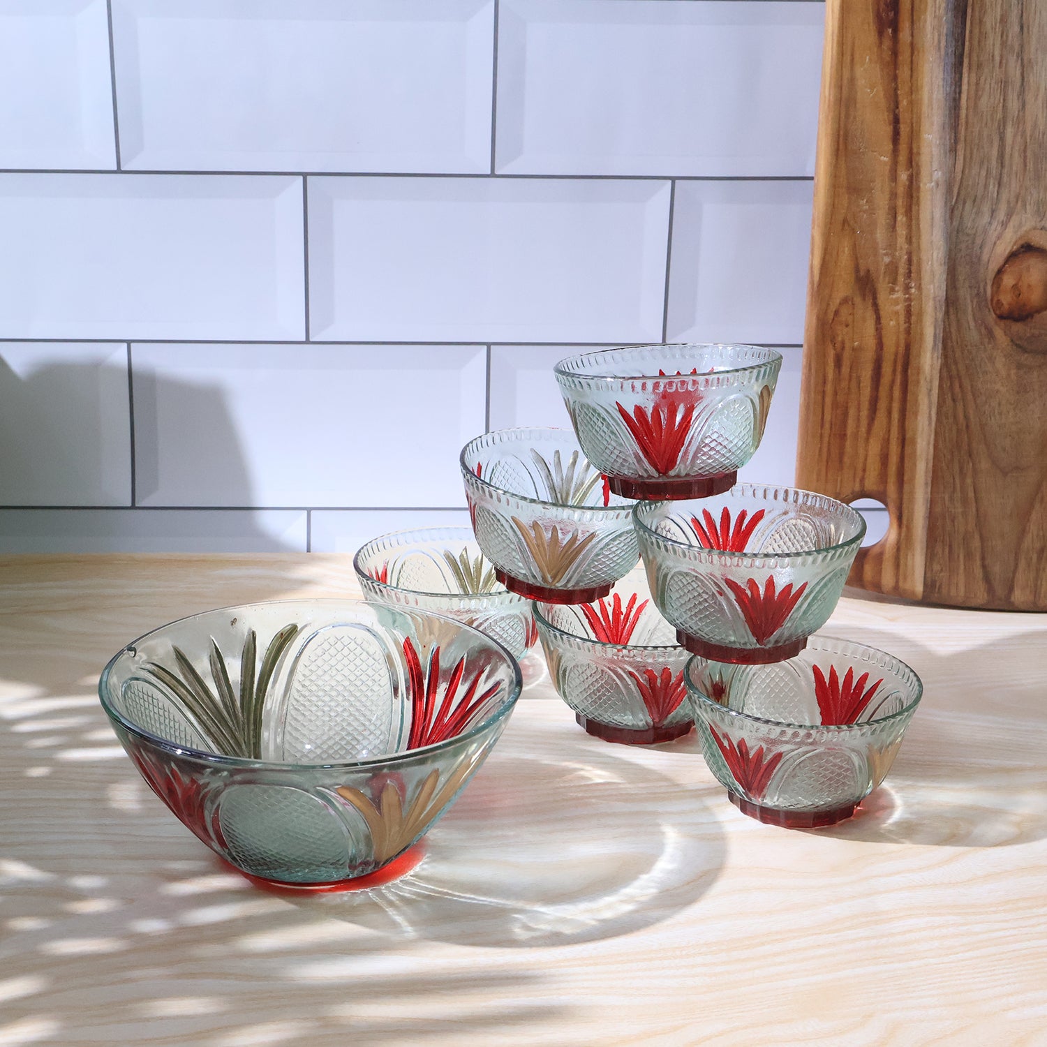 8234 Rose Glass Multipurpose Pudding Dessert Ice Cream Bowl Set For Home Use Home Kitchen Serving Bowl For Sundae Sweets Snacks Fruit Pudding Nuts Or Dip Serving Bowls 6 Medium 1 Big Bowl (Set Of 7 Pc)