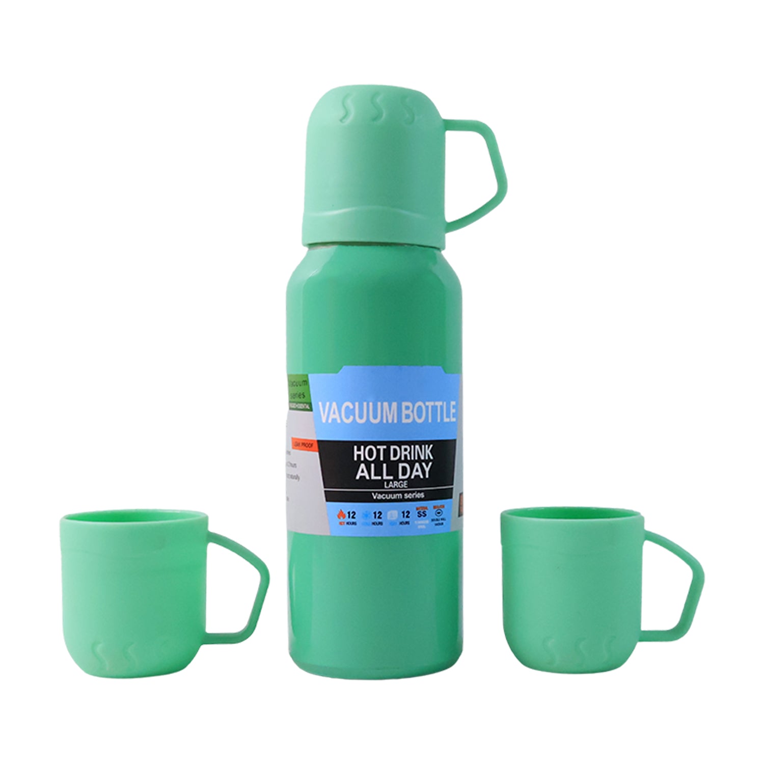 Green Vacuum Flask Set Stainless Steel Thermos With 3 Cups Approx 500ml