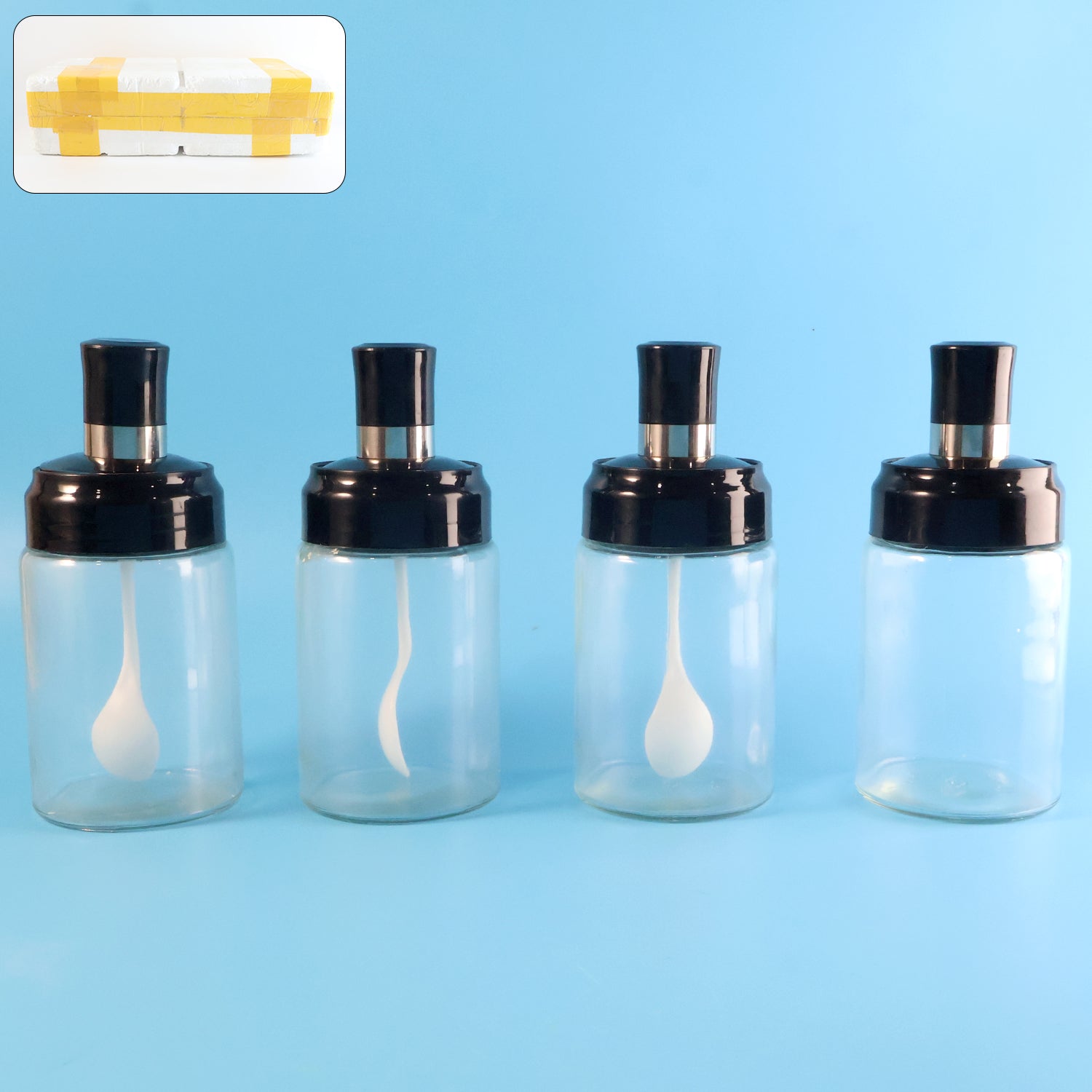 Transparent Spice Jar Set With Spoon Airtight Lid (4 Pc)
