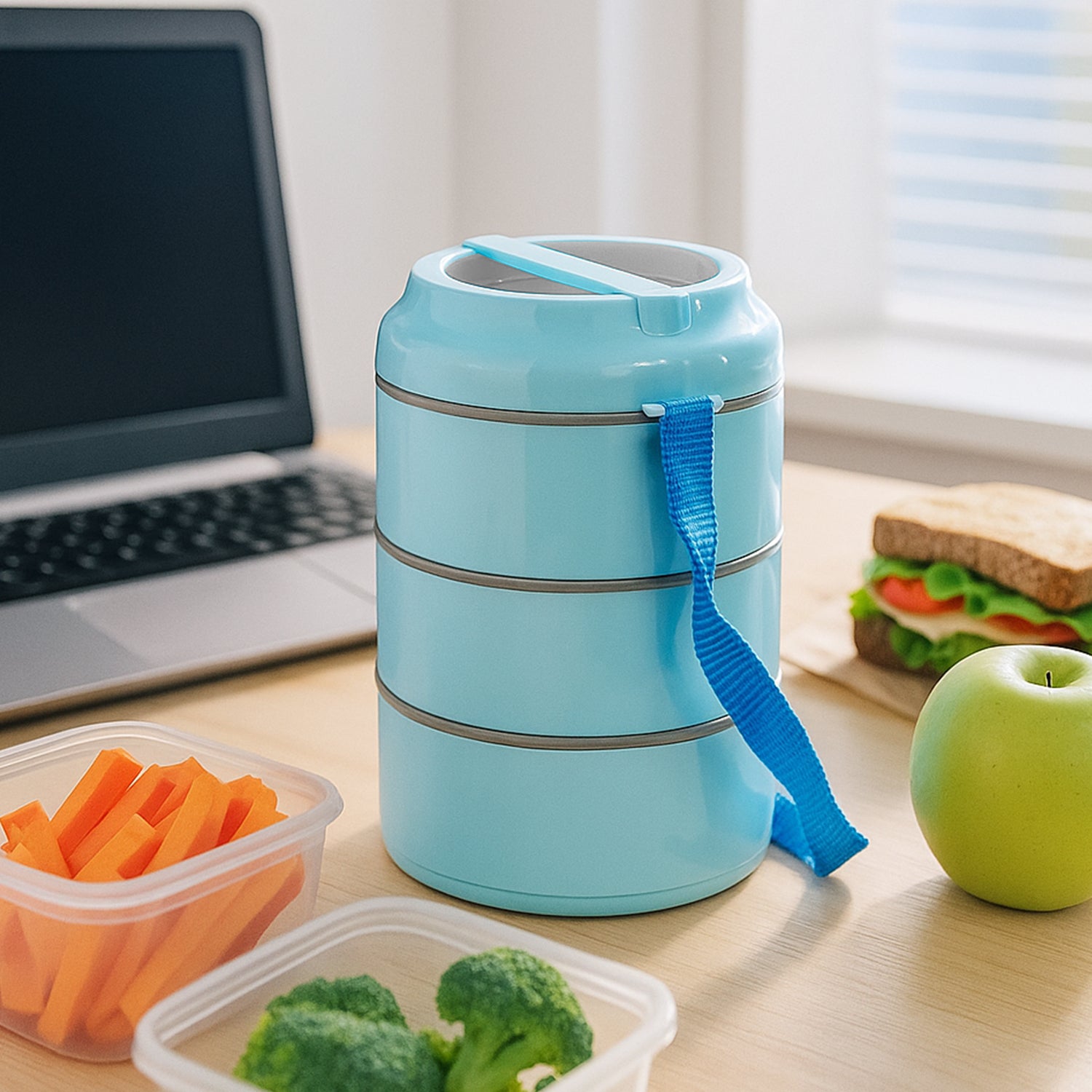 3 Layer Insulated Lunch Box Set With Handle Strap - (Set)