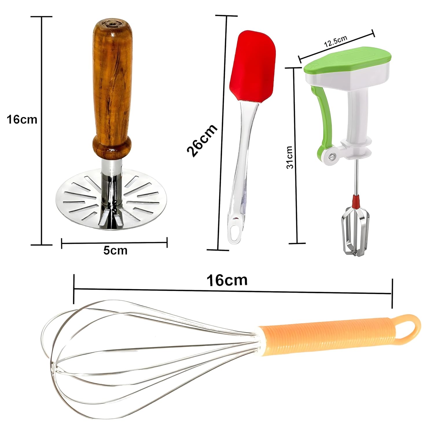 Combo of Steel Potato Masher, Manual Whisk Mixer, Spatula, Pastry Brush & Power-Free Blender – Easy-to-Use Cooking Essential Kitchen Tools for Cooking, Baking, and Mixing