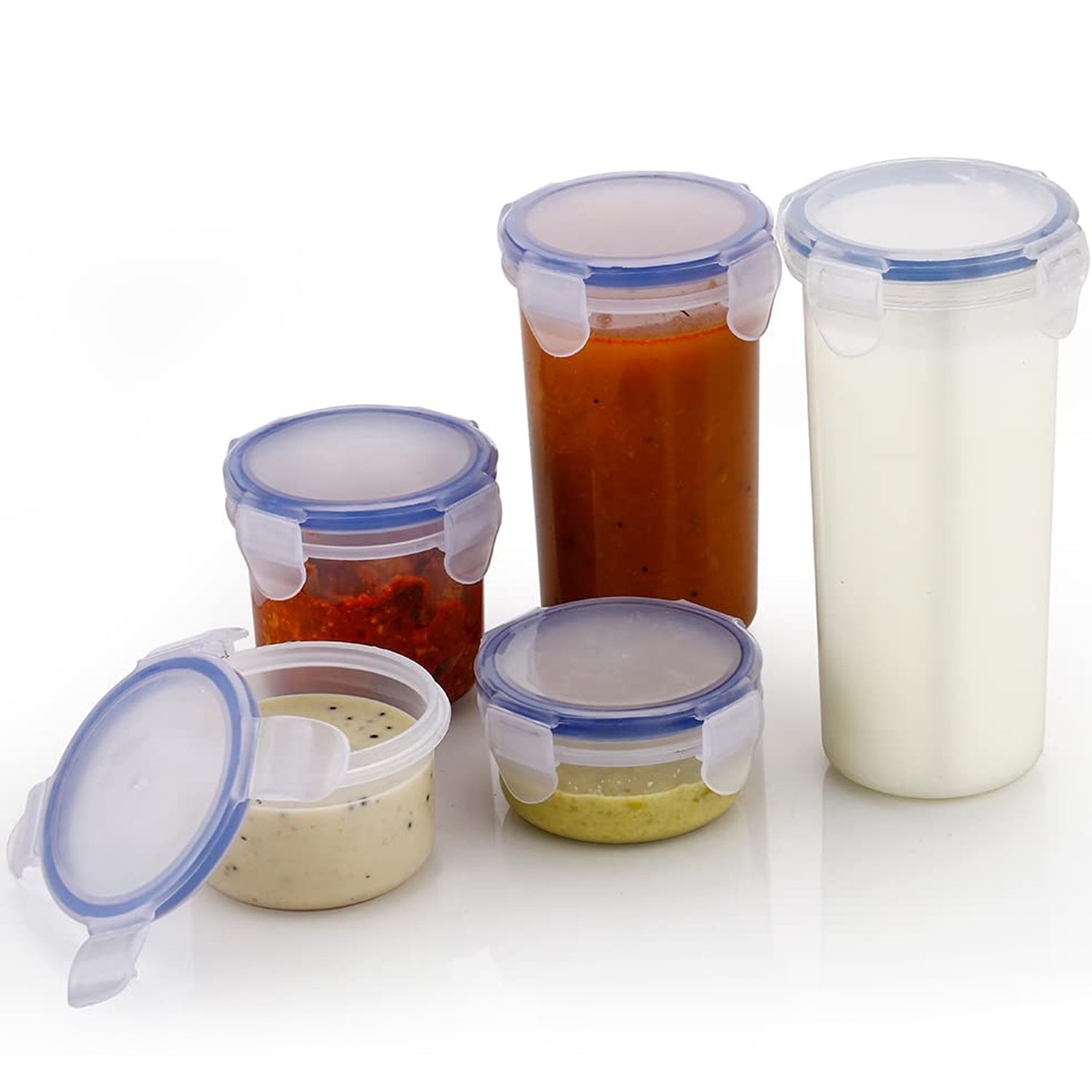 5830 Plastic Liquid Round Airtight Food Storage Container With Leak Proof Locking Lid Bpa Free Container For Kitchen 5 Pcs Set (Transparent ( Approx Capacity 110 Ml160 Ml210 Ml400 Ml500 Ml)