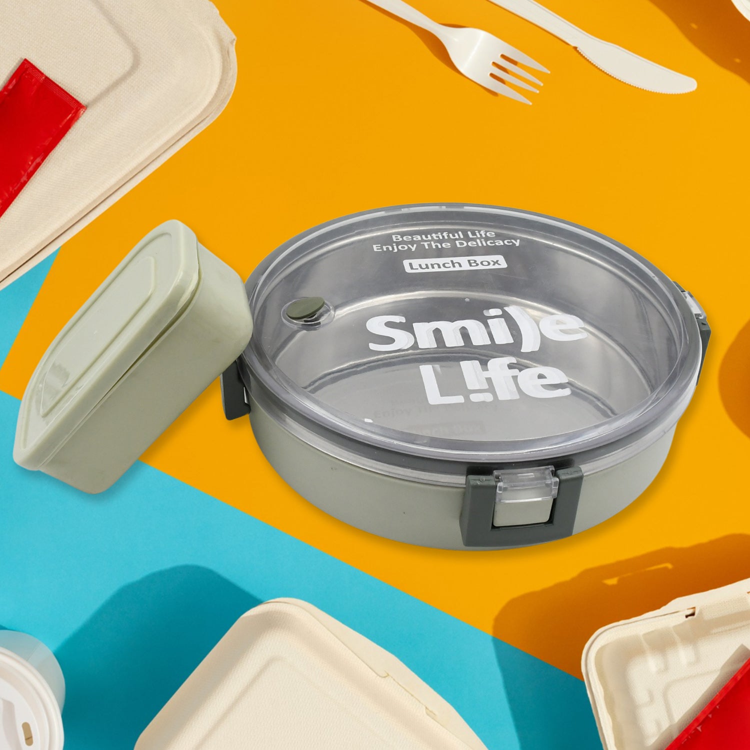 5584 Miracle Stainless Steel Round Lunch Box With Small Plastic Box Insert Leak Proof Lunch Box With Transparent Lid Lunch Box For Kids Adults For School Office (450 Ml + 250 Ml Approx)