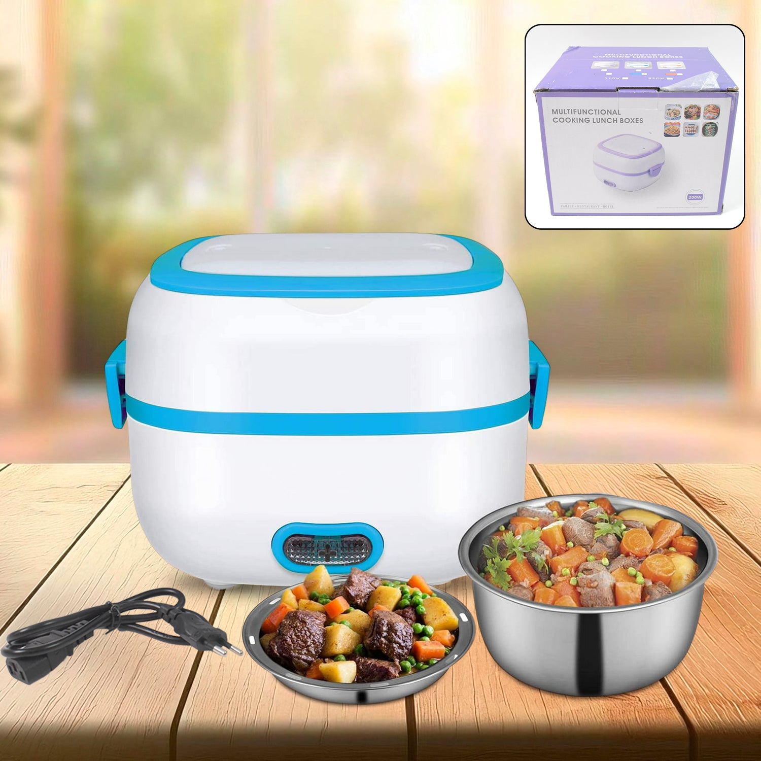 Electric Lunch Box 3 In 1 Food Heater Cooker Steamer With Stainless Steel Bowls (1 Set)