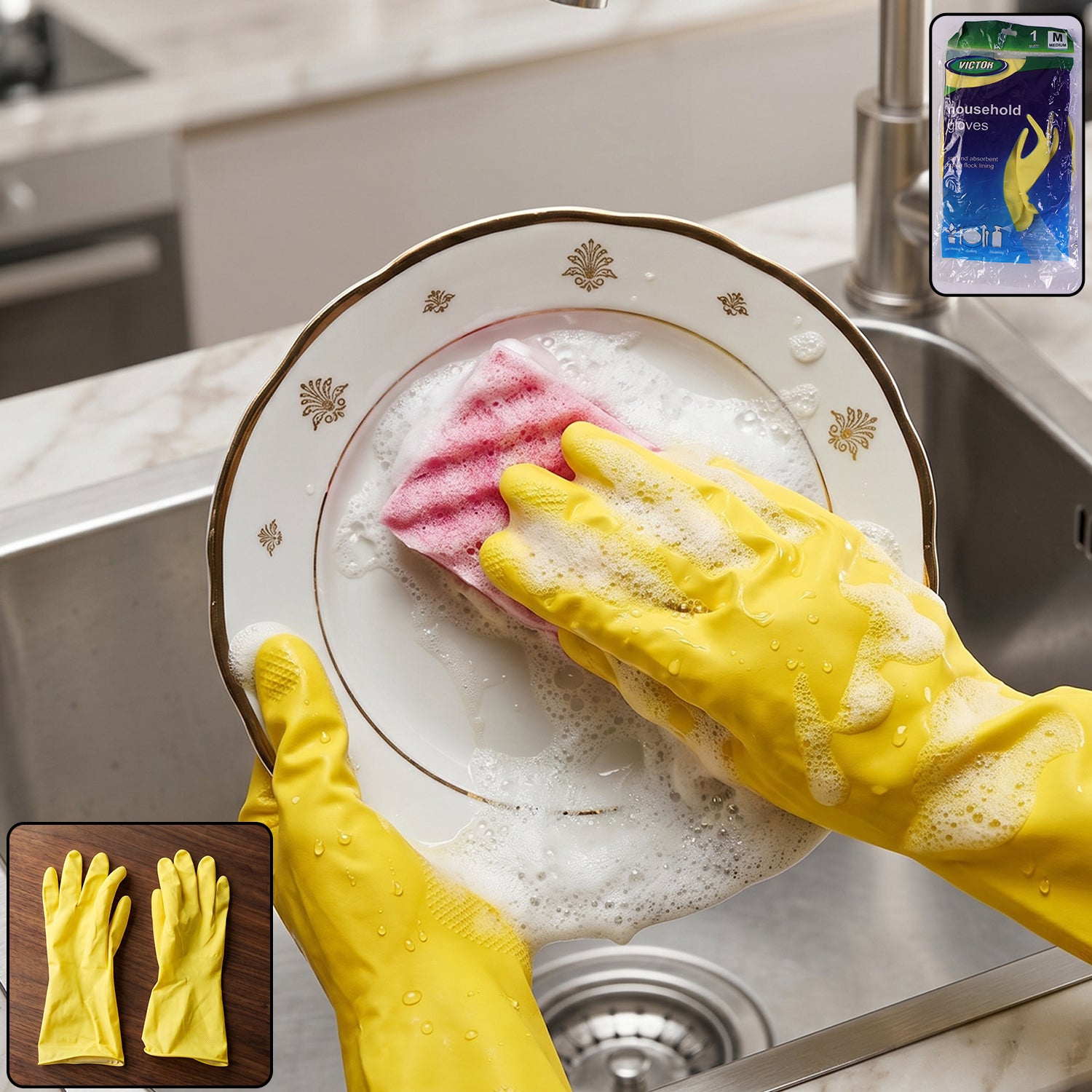 Medium Victor Yellow Cleaning Rubber Gloves Reusable Kitchen Dishwash (1 Pair)