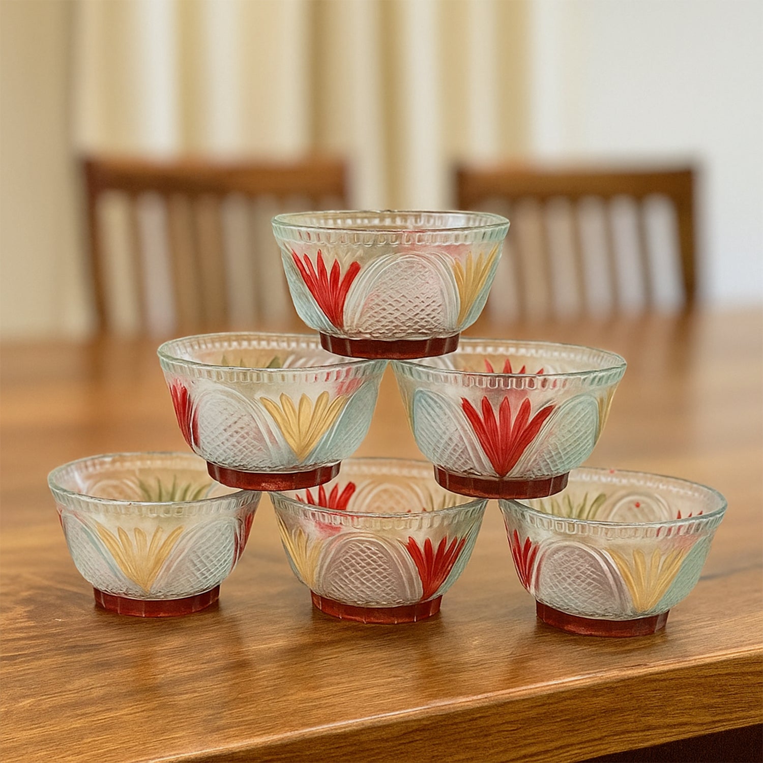 8234 Rose Glass Multipurpose Pudding Dessert Ice Cream Bowl Set For Home Use Home Kitchen Serving Bowl For Sundae Sweets Snacks Fruit Pudding Nuts Or Dip Serving Bowls 6 Medium 1 Big Bowl (Set Of 7 Pc)