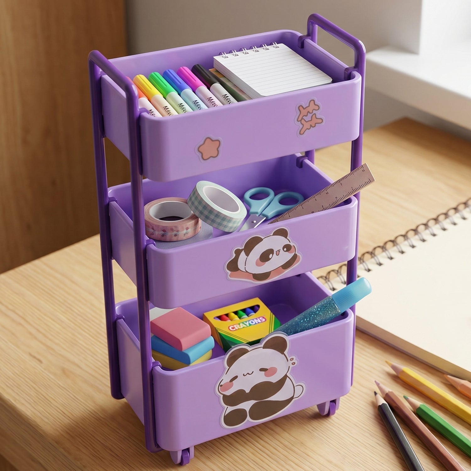 Mini 3 Layer Storage Trolley With Wheels Desk Organizer For Stationery (1 Pc)
