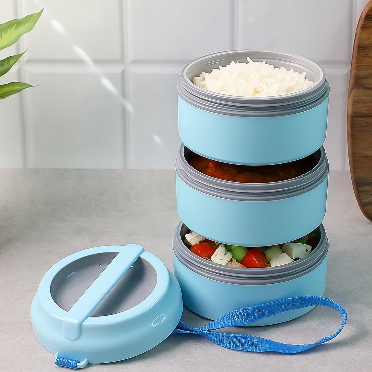 3 Layer Insulated Lunch Box Set With Handle Strap - (Set)