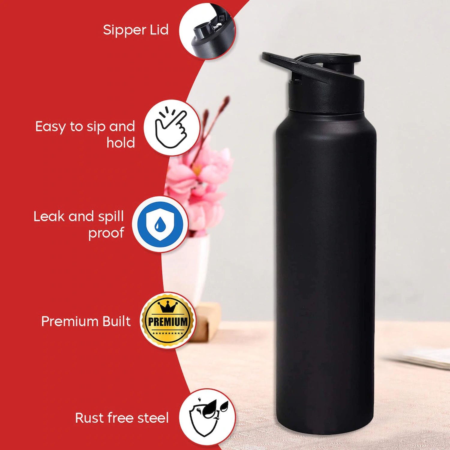 Stainless Steel 1000ml Flip-top Reusable Sports Water Bottle 1 Pc