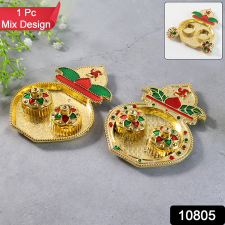 Decorative Plastic Kalash-shape Double Kumkum Box (Mix Design 1 Pc)