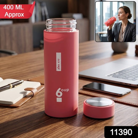 Premium Glass Water Bottle With Silicone Sleeve And Leak Proof Cap 400ml (1 Pc)