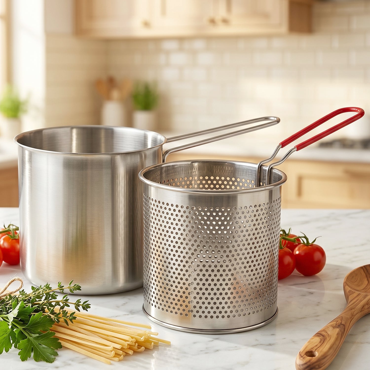 Stainless Steel Deep Frying Pot With Strainer Basket Set For Kitchen (1 Set)