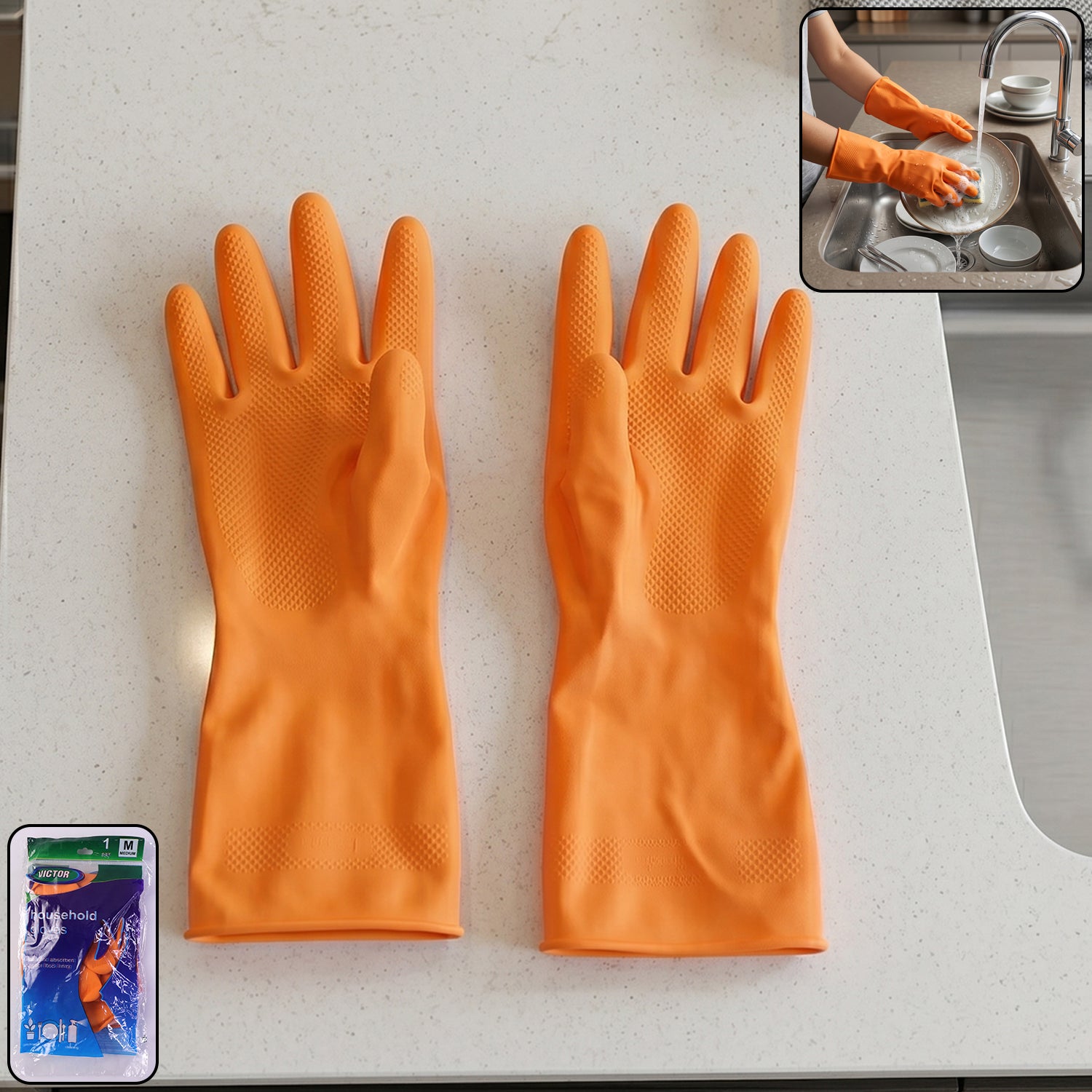 Medium Victor Orange Cleaning Rubber Gloves (1 Pair)