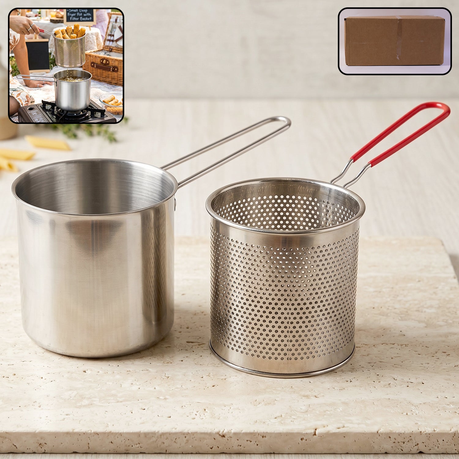 Stainless Steel Deep Frying Pot With Strainer Basket Set For Kitchen (1 Set)