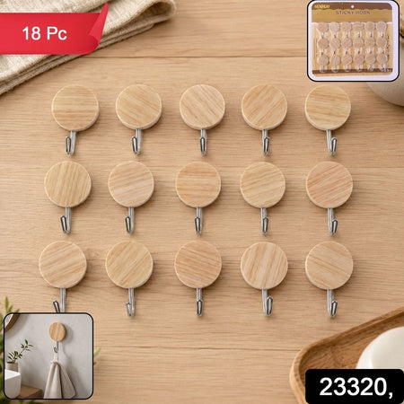 Self Adhesive Wall Hooks Strong Sticky Wooden Look Hanger No Drill (18 Pc)