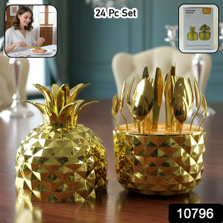 Stainless Steel Golden Cutlery Set With Pineapple Storage Stand (24 Pc Set)