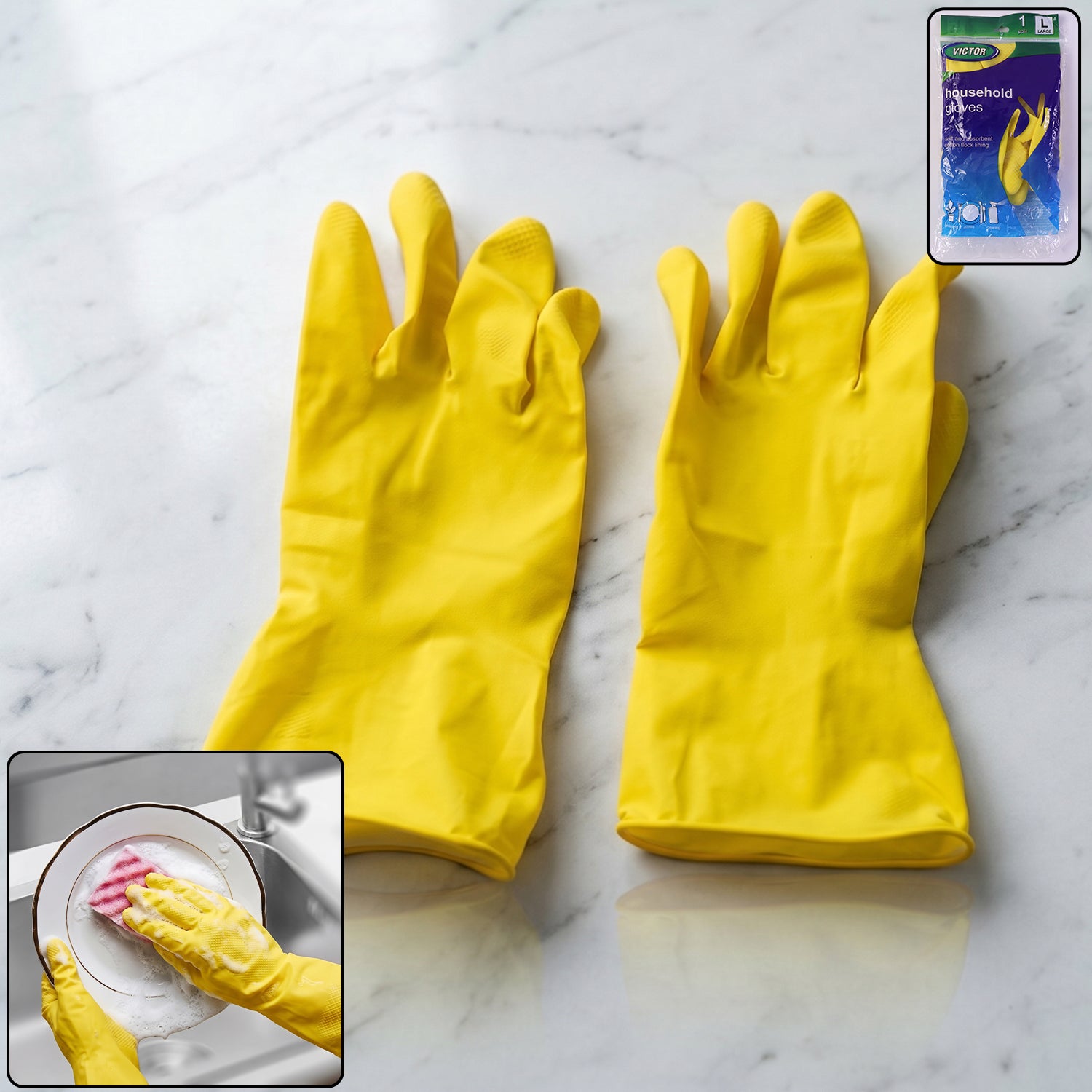Large Victor Yellow Cleaning Rubber Gloves Reusable Kitchen Dishwash (1 Pair)