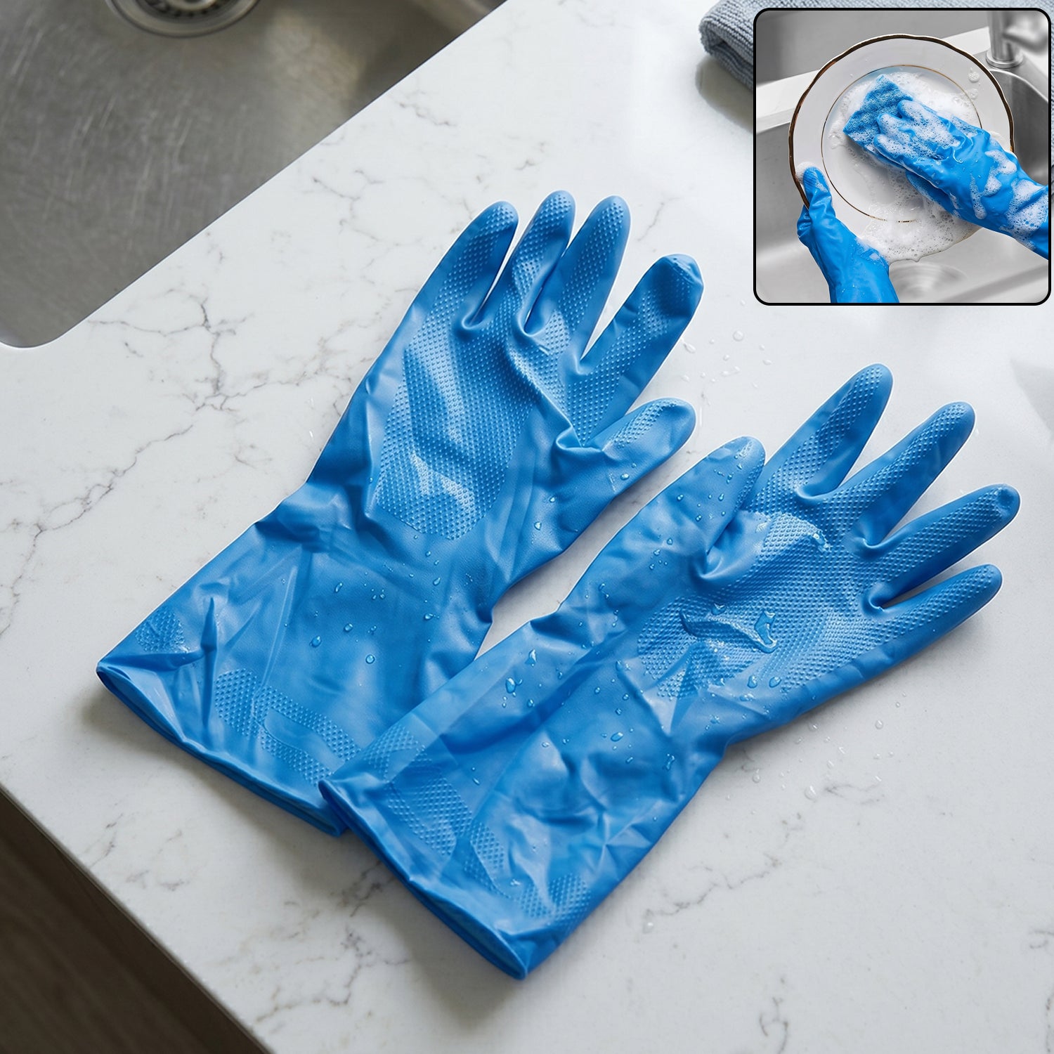 Large Blue Cleaning Rubber Gloves Reusable Kitchen Dishwashing (1 Pair)