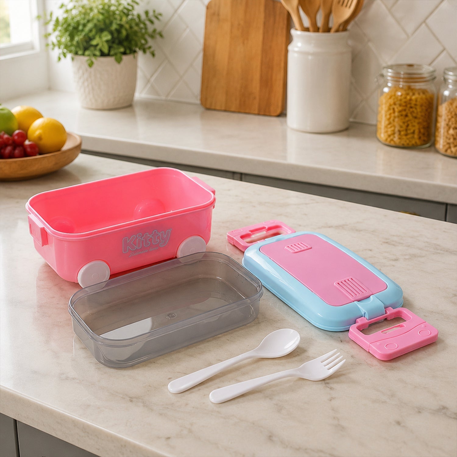 Car Shape Kids Lunch Box With Wheels Spoon And Fork For School Tiffin (1 Set)
