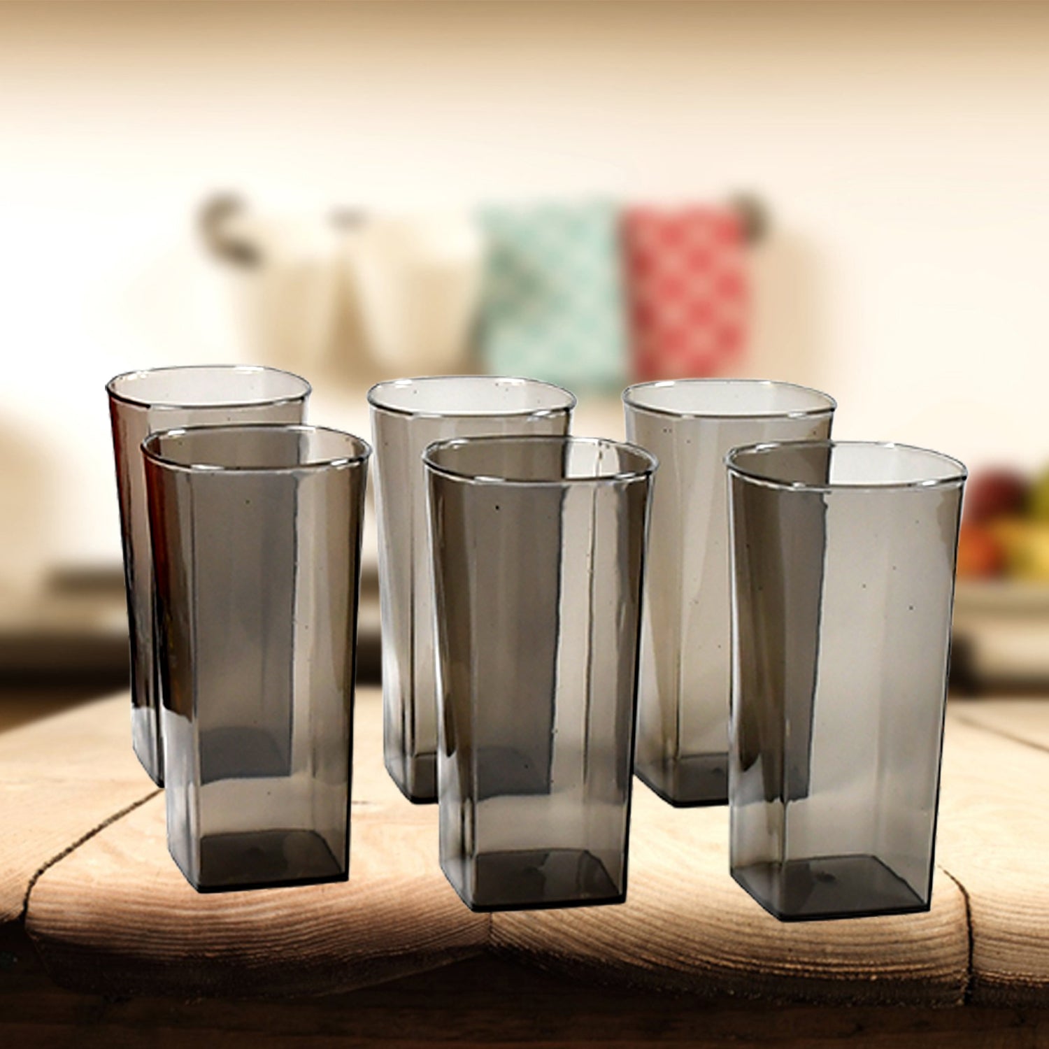 4974 Unbreakable Stylish Transparent Square Design Waterjuicebeerwine Tumbler Plastic Glass Set ( 300 Ml Pack Of 6) ( Black )