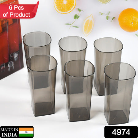 4974 Unbreakable Stylish Transparent Square Design Waterjuicebeerwine Tumbler Plastic Glass Set ( 300 Ml Pack Of 6) ( Black )