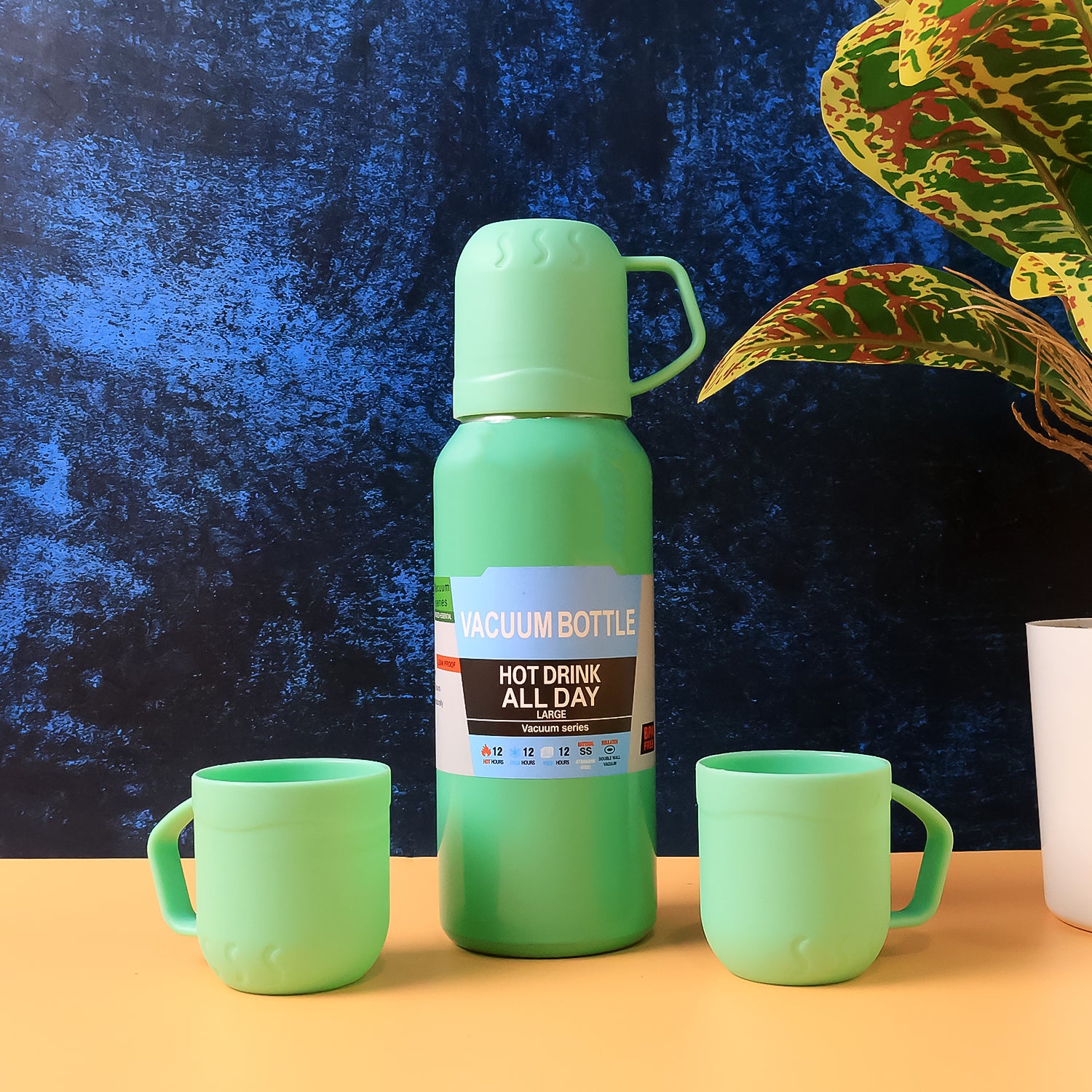 Green Vacuum Flask Set  Stainless Steel Thermos With 3 Cups Approx 500ml