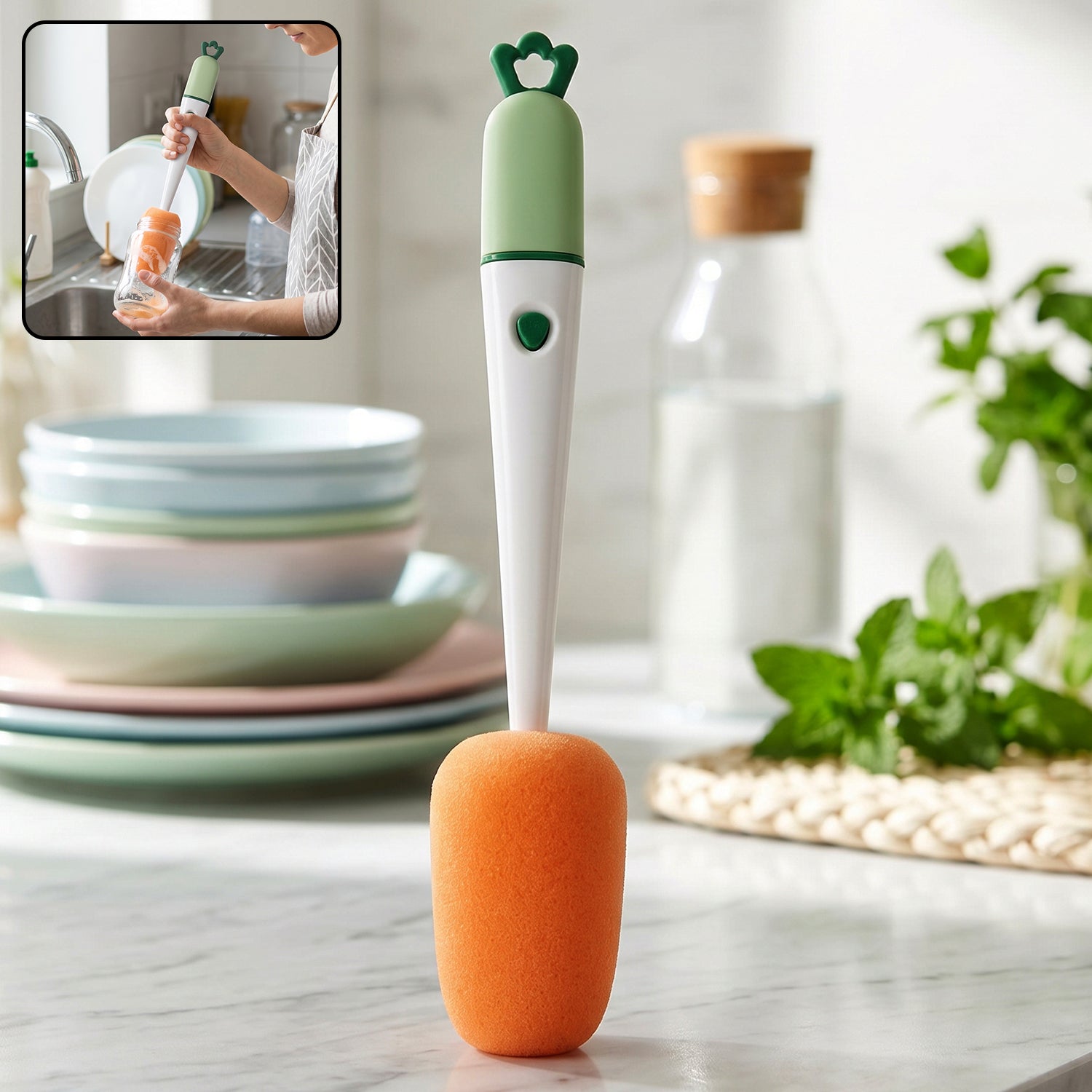 3 In 1 Carrot Bottle Cleaning Brush With Sponge For Cups And Flasks (1 Pc)